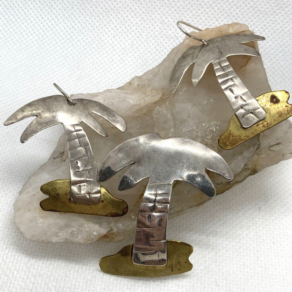 Vintage Palm Trees Sterling Silver 925 & Brass Matching Earring & Brooch‎ Set 9g
